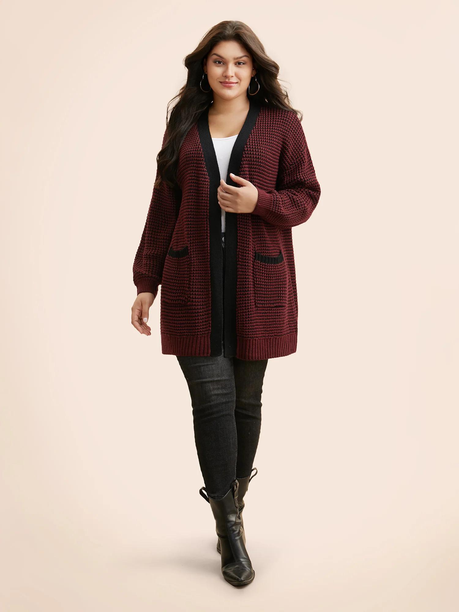 Contrast Textured Drop Shoulder Sleeve Cardigan - Image 3