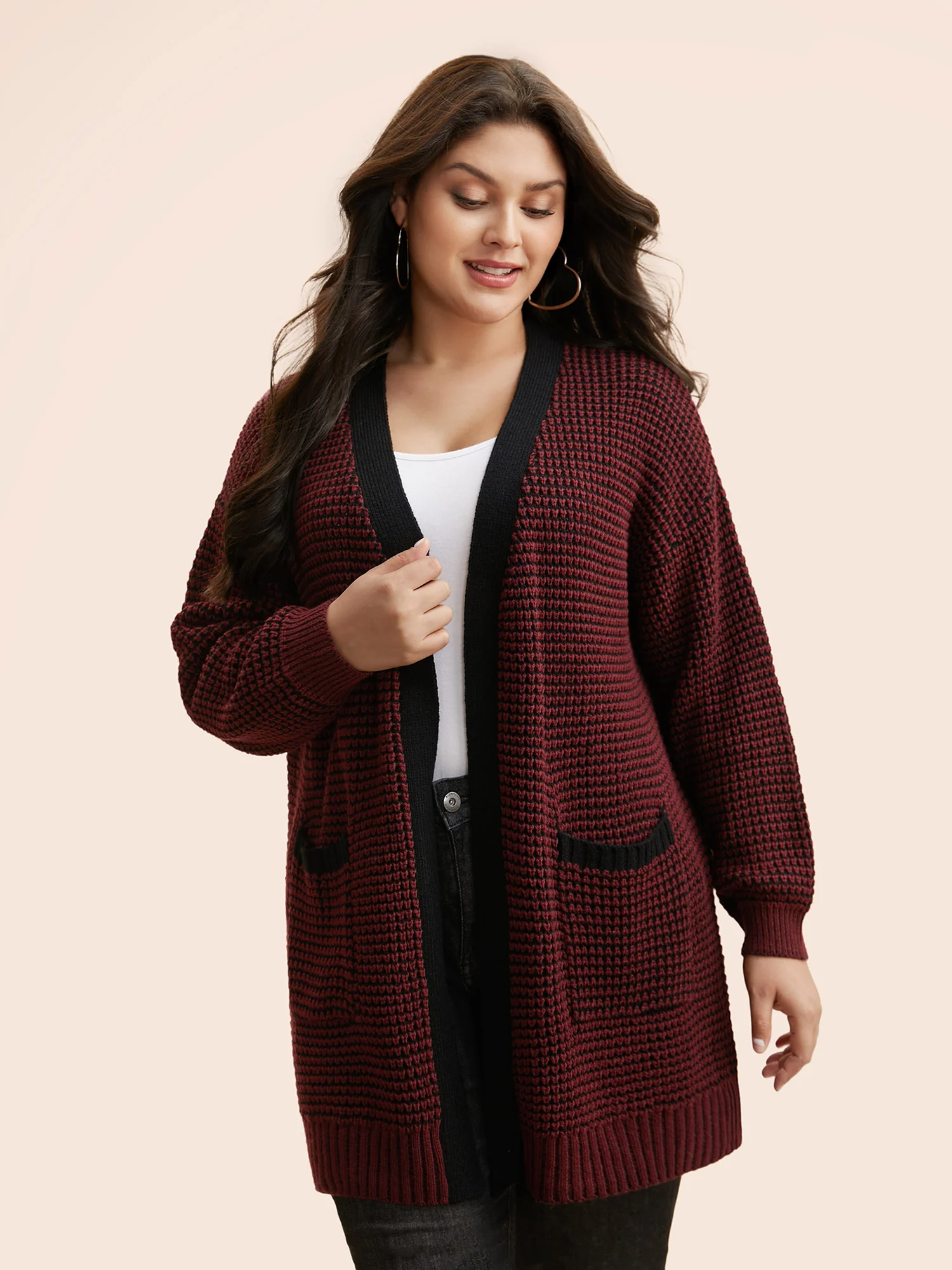 Contrast Textured Drop Shoulder Sleeve Cardigan - Image 4