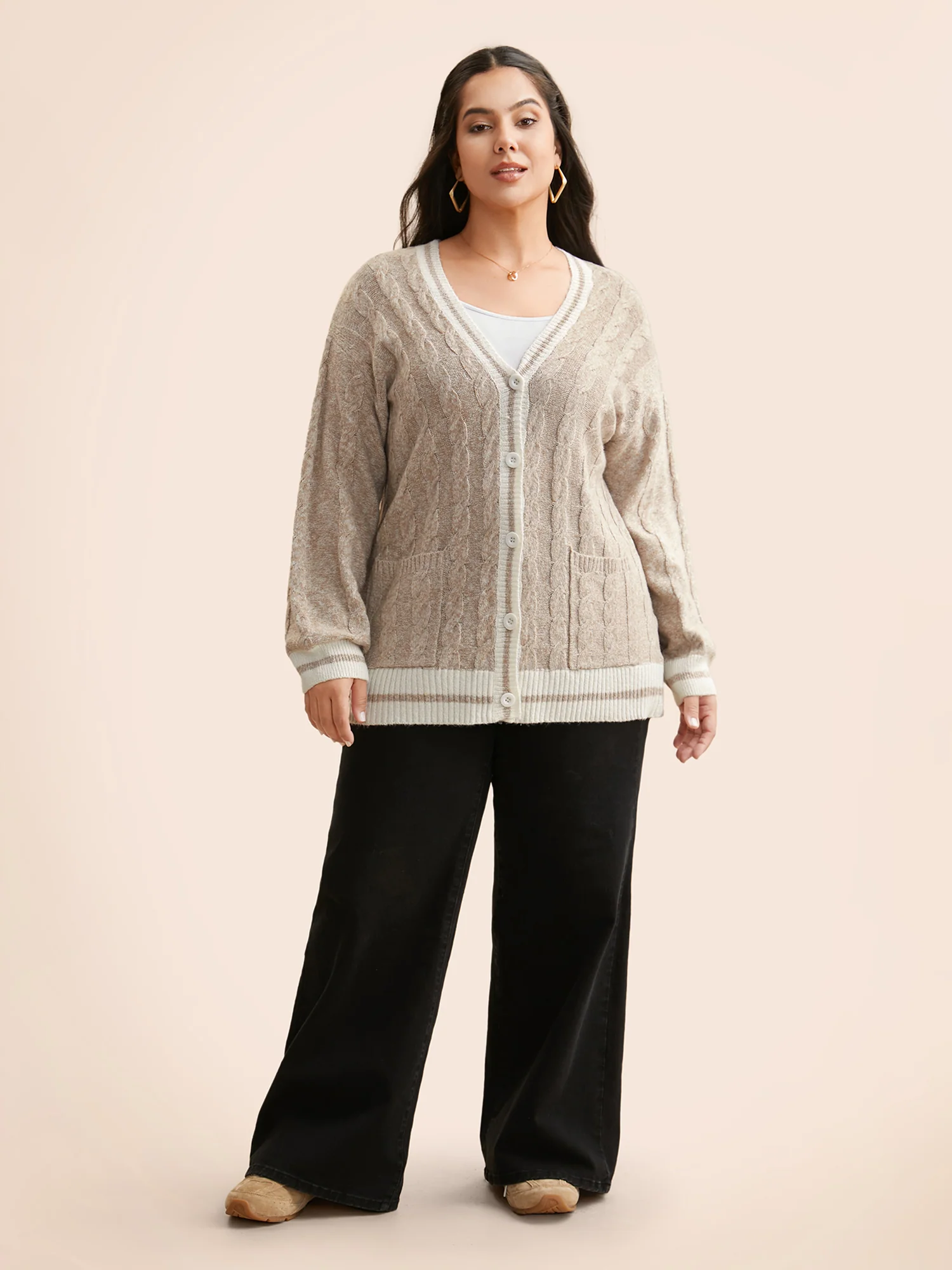 Contrast Trim Cable Knit Pocket Cardigan - Image 3