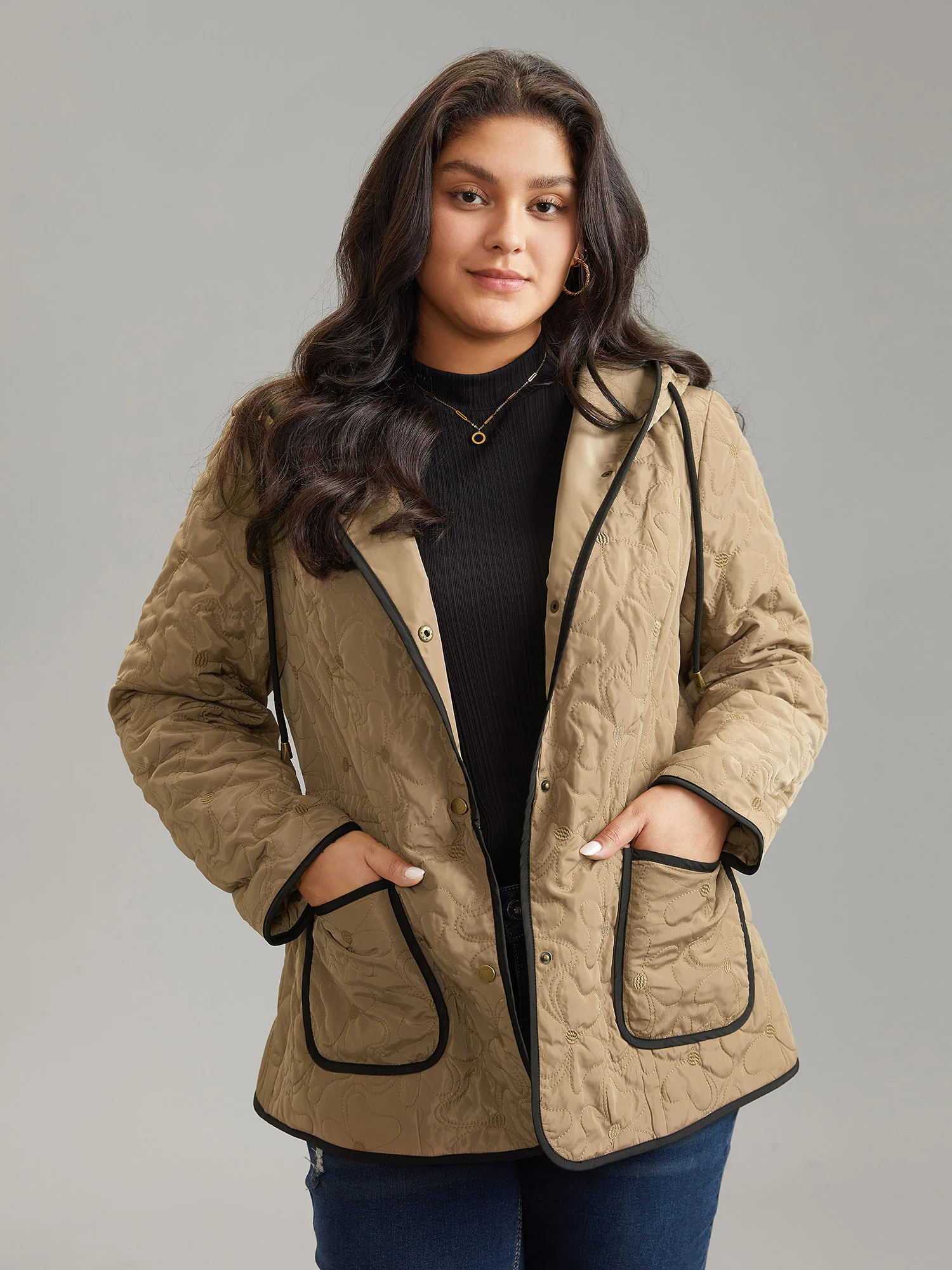 Contrast Trim Drawstring Quilted Padded Jacket - Image 2