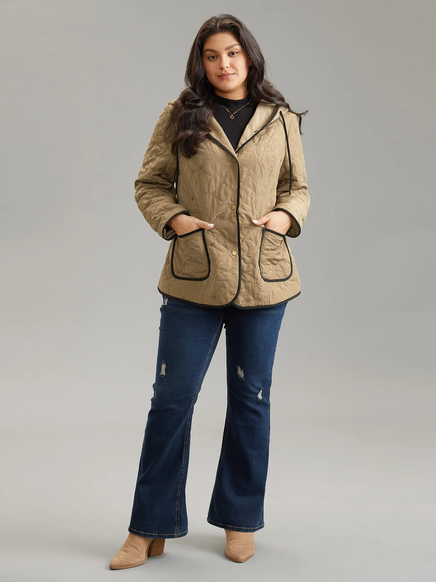 Contrast Trim Drawstring Quilted Padded Jacket - Image 3