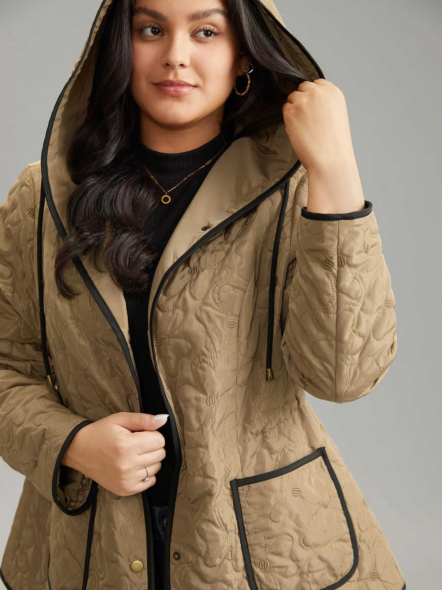 Contrast Trim Drawstring Quilted Padded Jacket - Image 4
