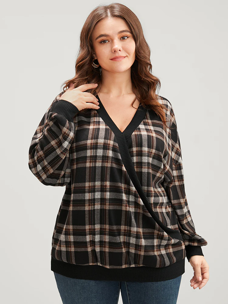Contrast Trim Lantern Sleeve Tartan Wrap Sweatshirt - Image 2
