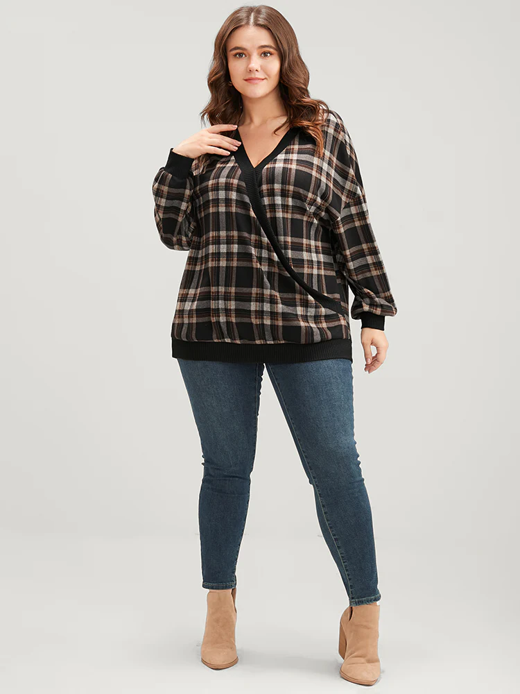 Contrast Trim Lantern Sleeve Tartan Wrap Sweatshirt - Image 3