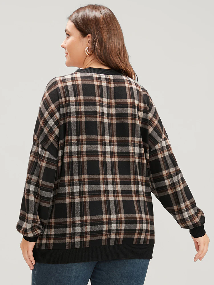 Contrast Trim Lantern Sleeve Tartan Wrap Sweatshirt - Image 4