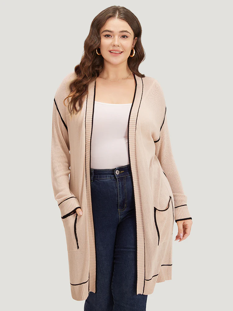 Contrast Trim Patched Pocket Drop Shoulder Cardigan - Image 3