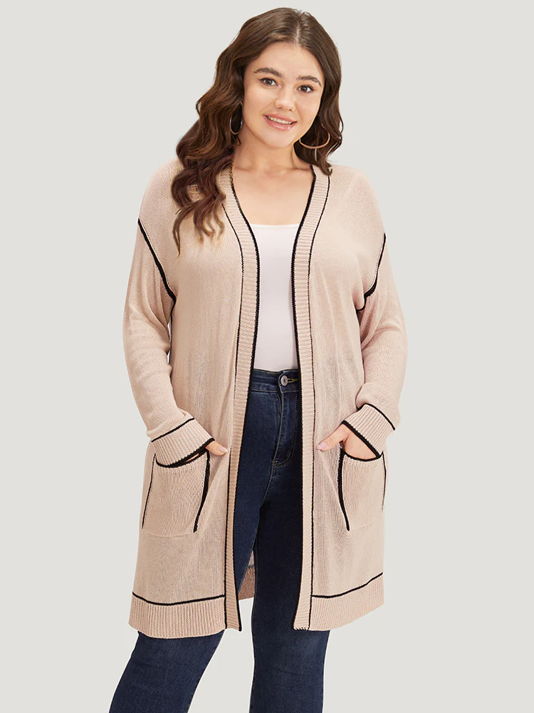 Contrast Trim Patched Pocket Drop Shoulder Cardigan - Image 4