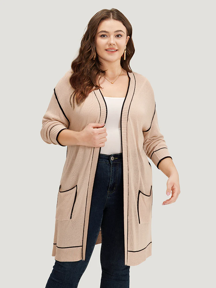 Contrast Trim Patched Pocket Drop Shoulder Cardigan - Image 5