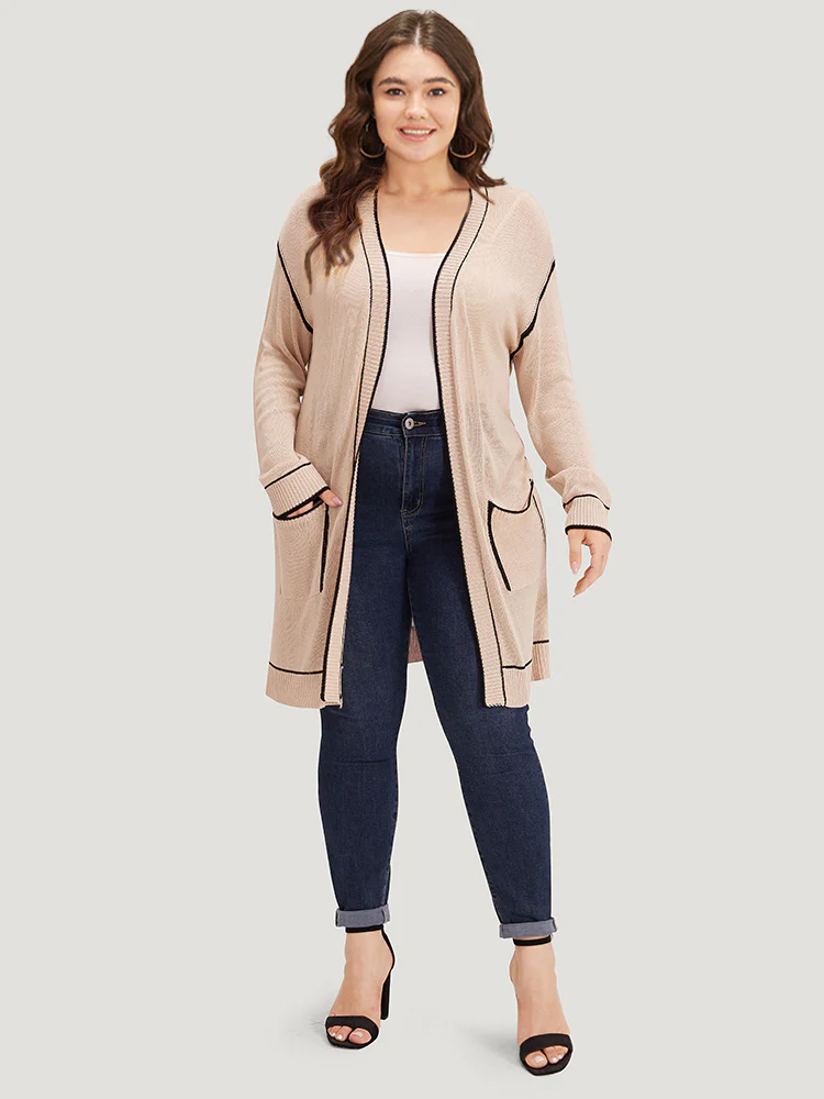 Contrast Trim Patched Pocket Drop Shoulder Cardigan - Image 6