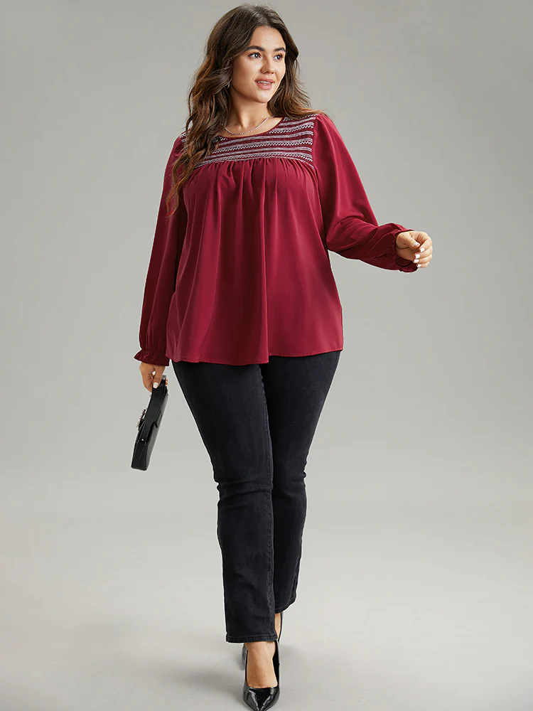 Contrast Trim Plicated Detail Flutter Sleeve Blouse - Image 4