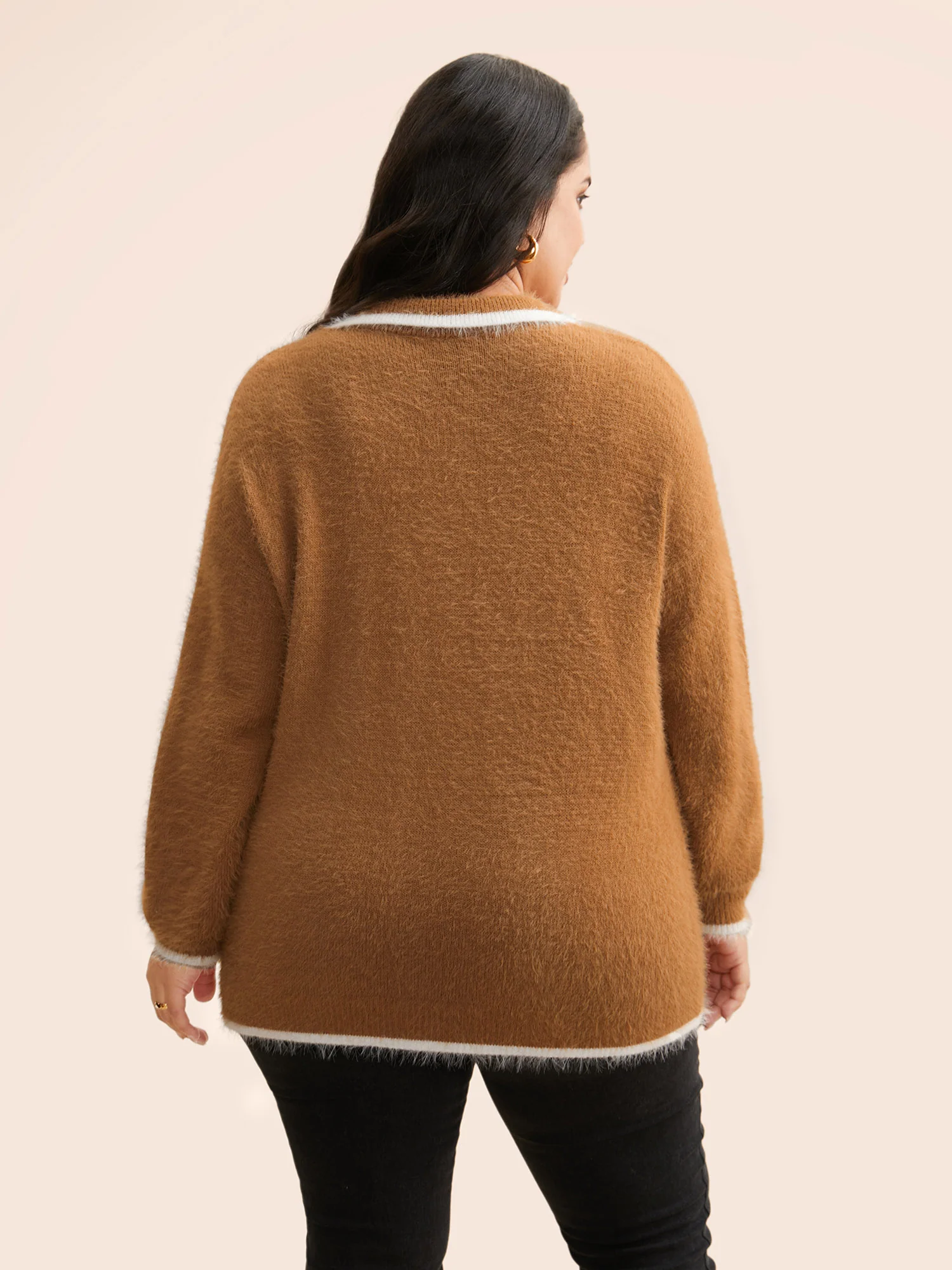 Contrast Trim Polo Neck Fluffy Pullover - Image 2