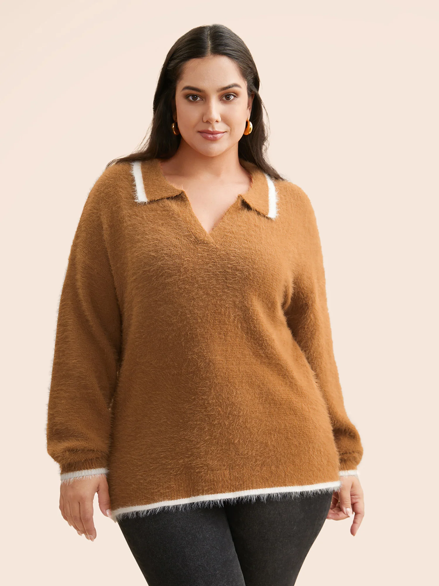 Contrast Trim Polo Neck Fluffy Pullover - Image 3
