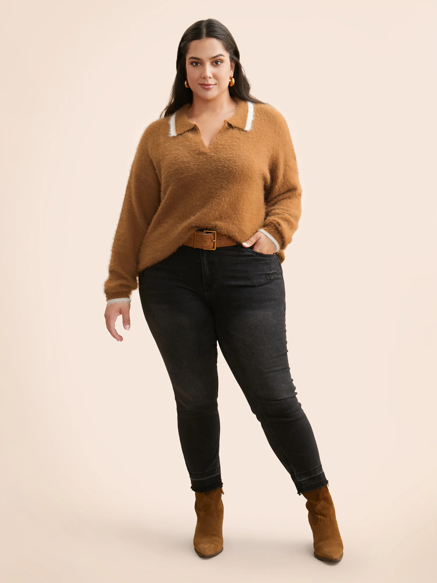 Contrast Trim Polo Neck Fluffy Pullover - Image 4