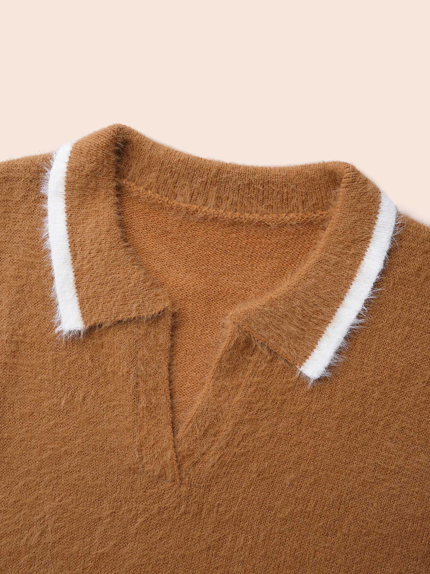 Contrast Trim Polo Neck Fluffy Pullover - Image 5