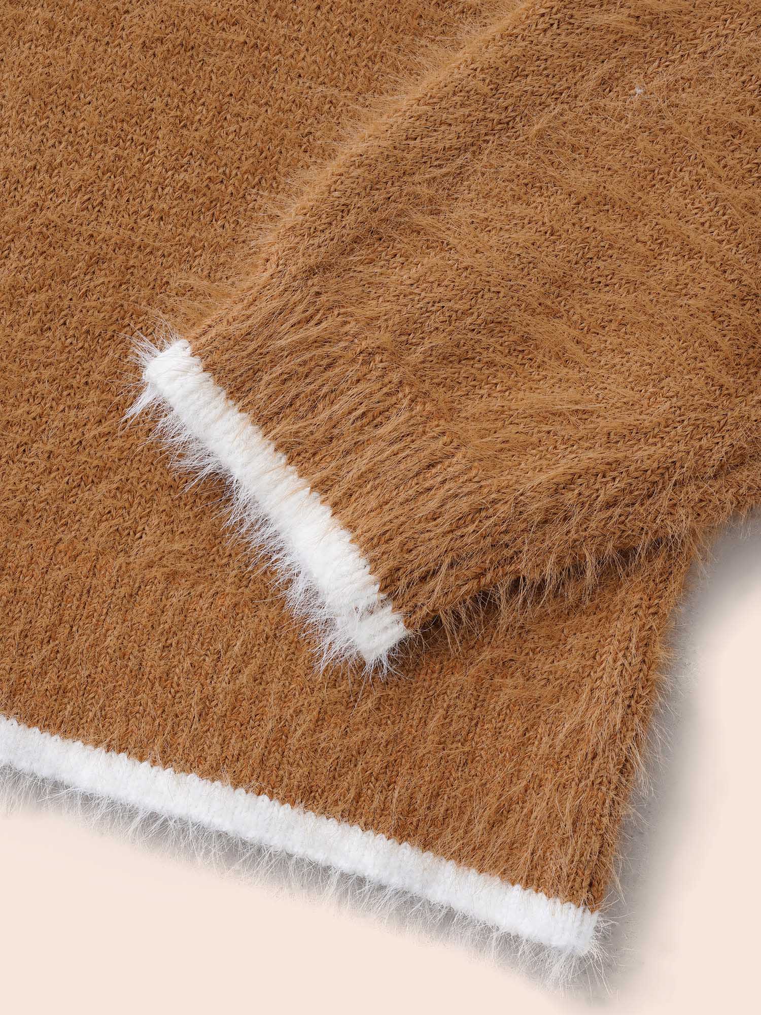 Contrast Trim Polo Neck Fluffy Pullover - Image 6