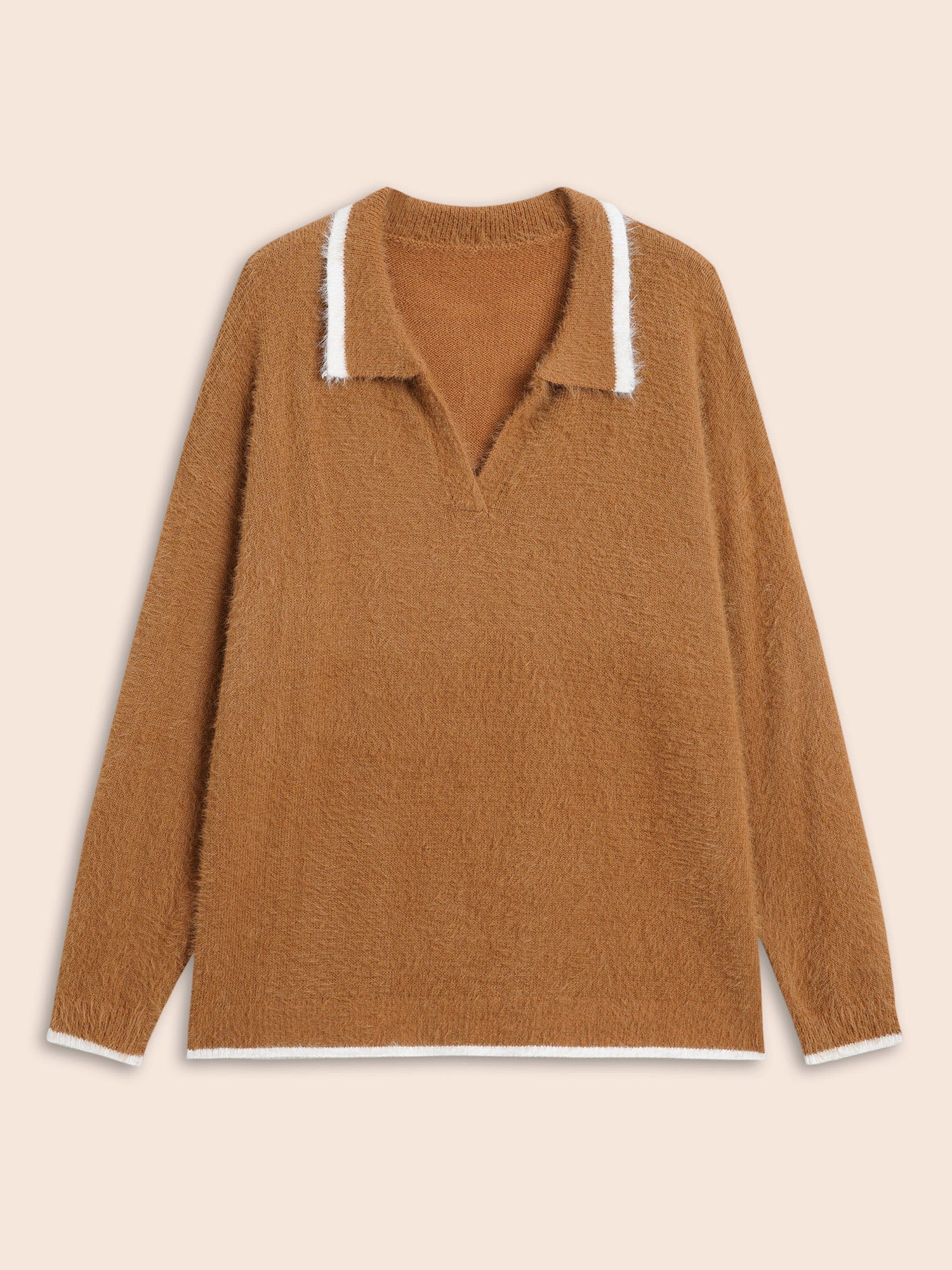 Contrast Trim Polo Neck Fluffy Pullover - Image 7