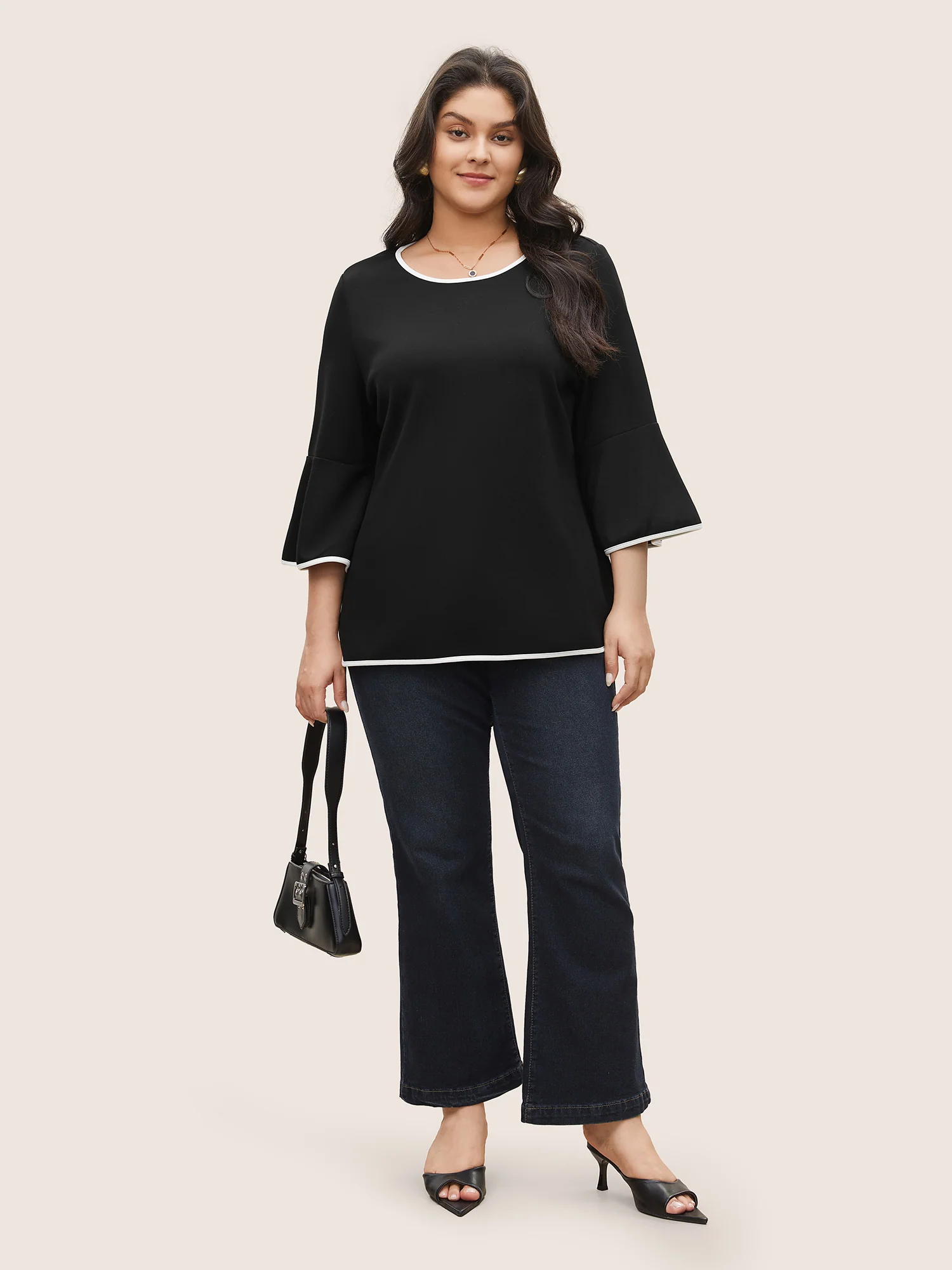 Contrast Trim Round Neck Flutter Sleeve T-shirt - Image 3