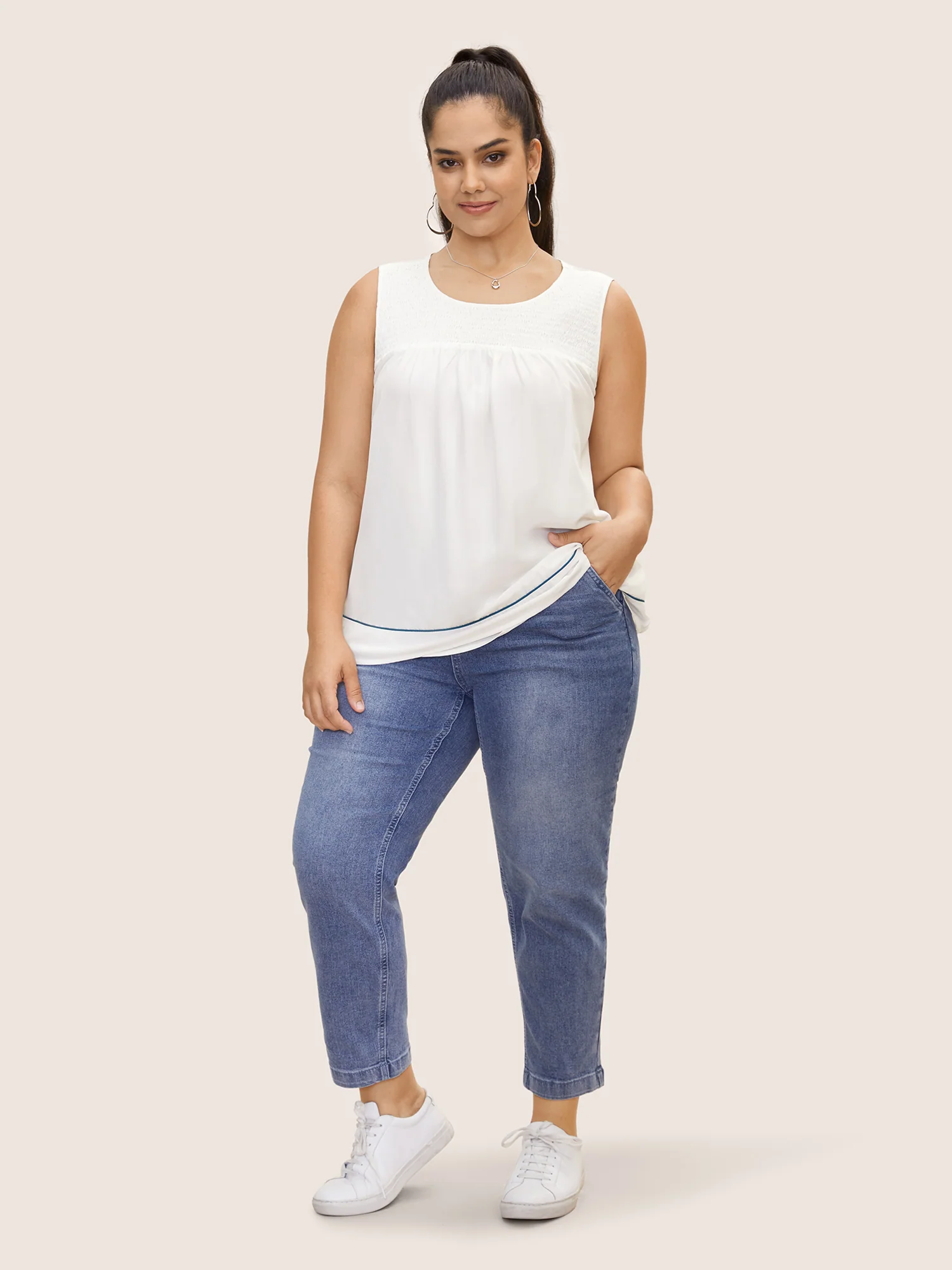 Contrast Trim Shirred Gathered Tank Top - Image 2