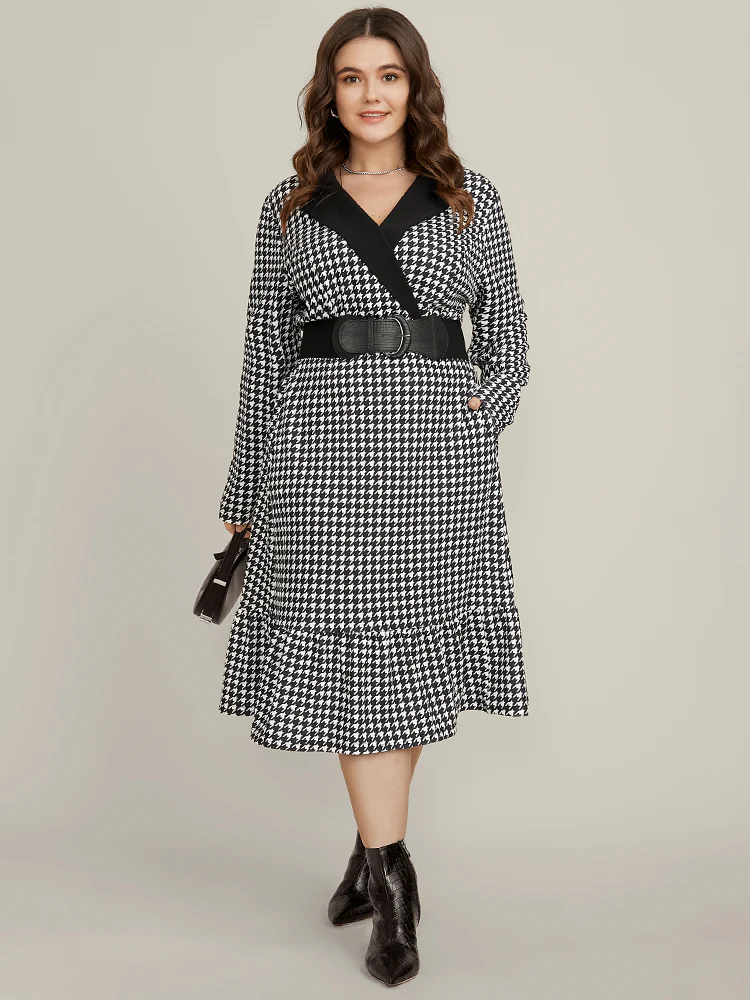 Contrast Trim Suit Collar Pocket Ruffle Hem Houndstooth Dress - Image 2