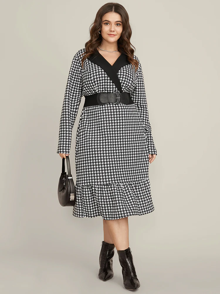 Contrast Trim Suit Collar Pocket Ruffle Hem Houndstooth Dress - Image 3