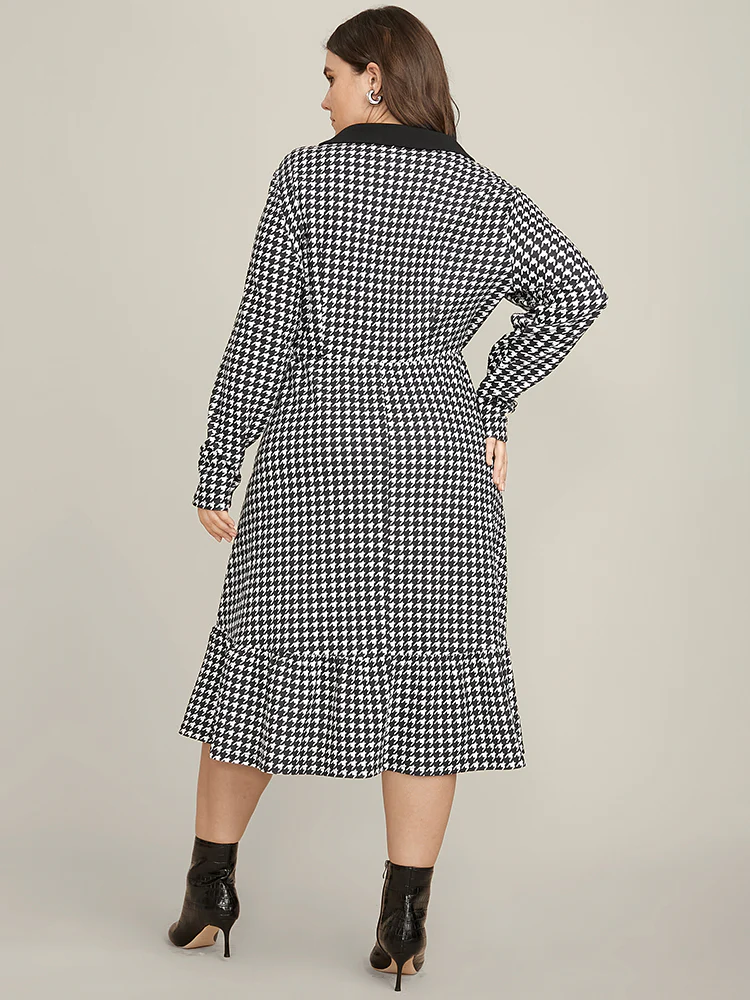 Contrast Trim Suit Collar Pocket Ruffle Hem Houndstooth Dress - Image 4