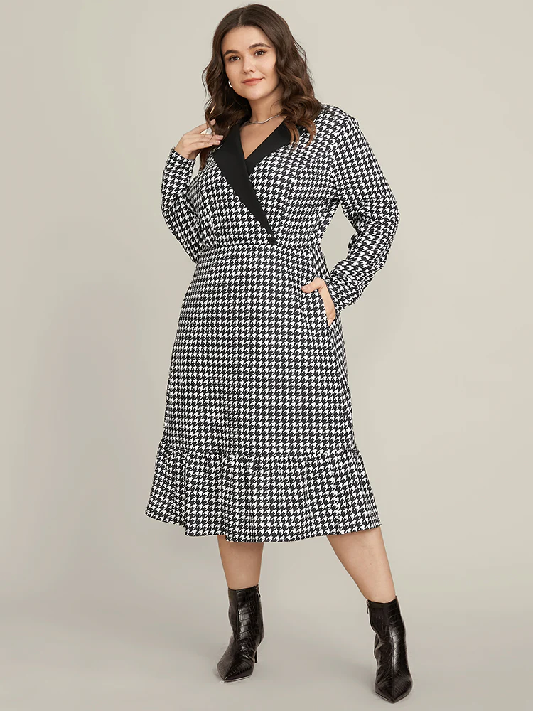 Contrast Trim Suit Collar Pocket Ruffle Hem Houndstooth Dress - Image 5