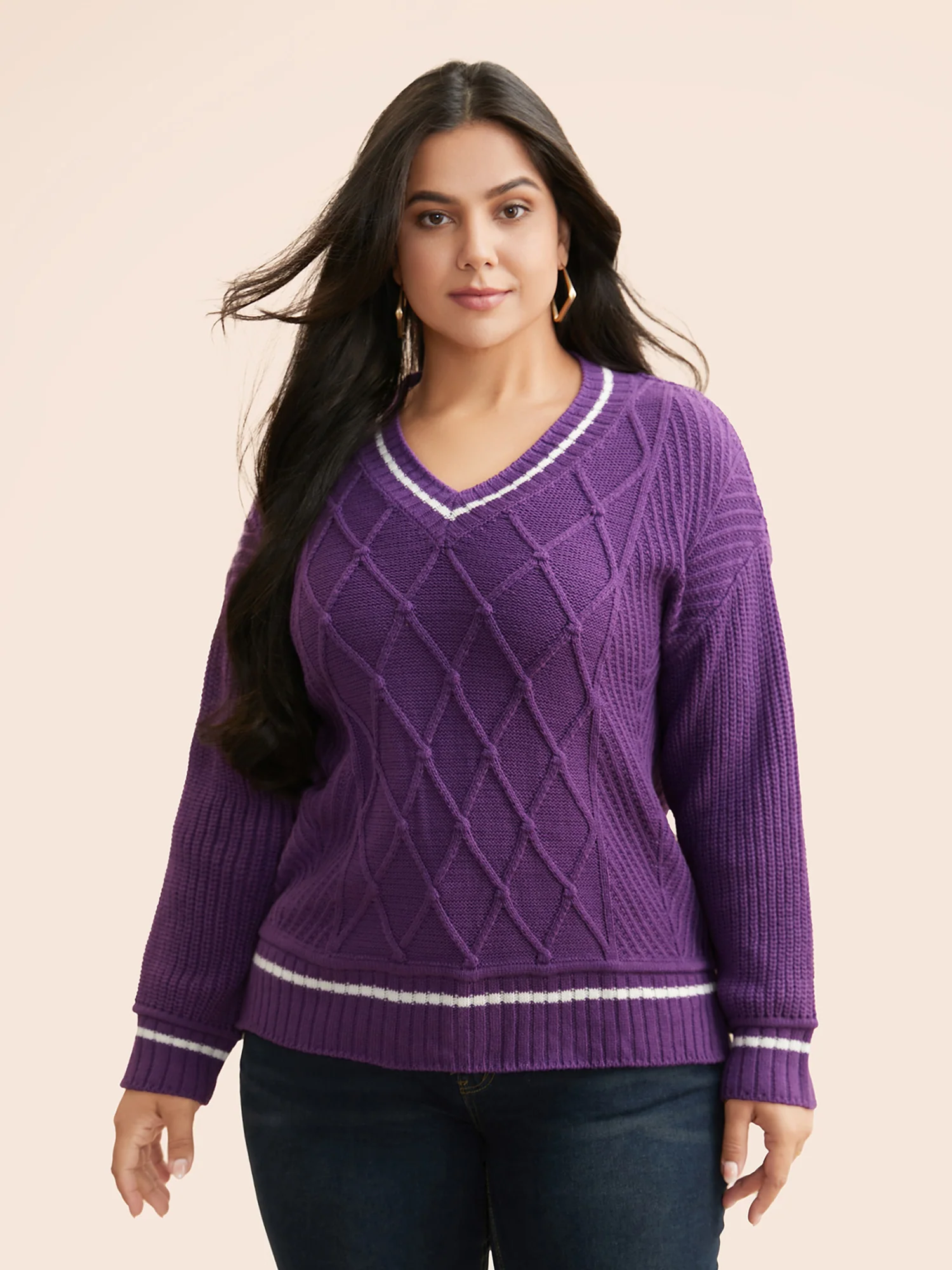 Contrast Trim V Neck Texture Pullover - Image 2
