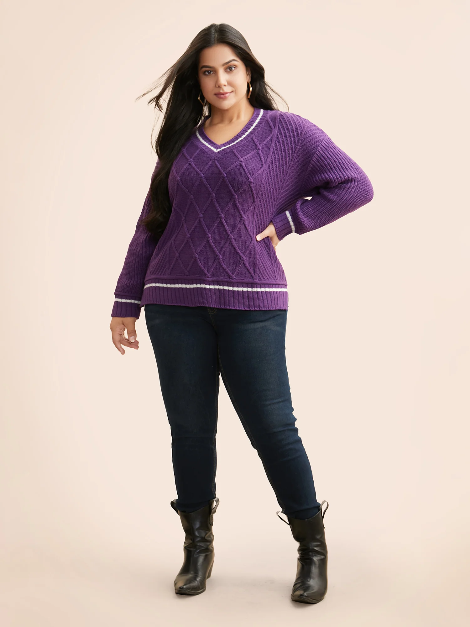 Contrast Trim V Neck Texture Pullover - Image 3