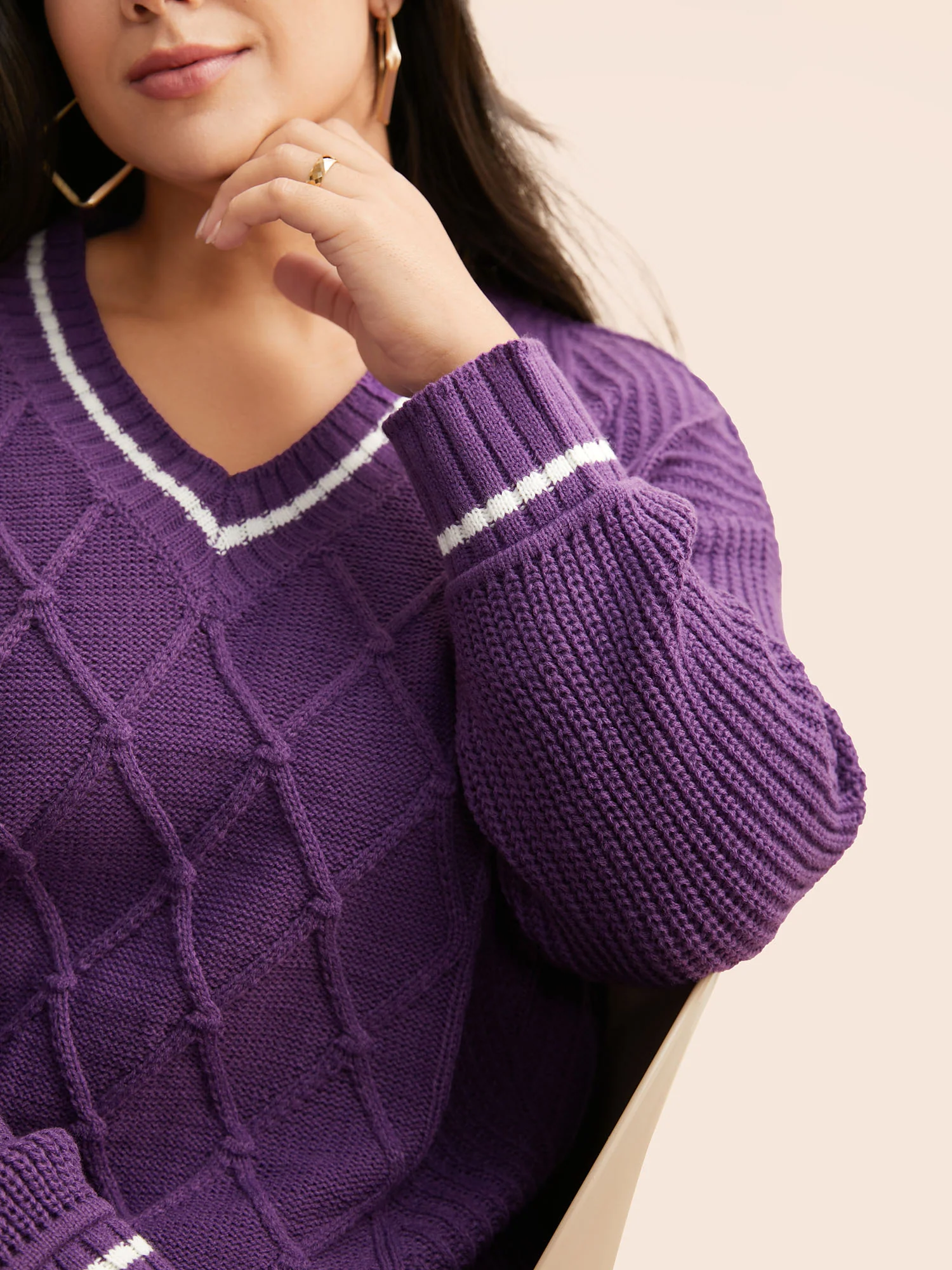 Contrast Trim V Neck Texture Pullover - Image 4