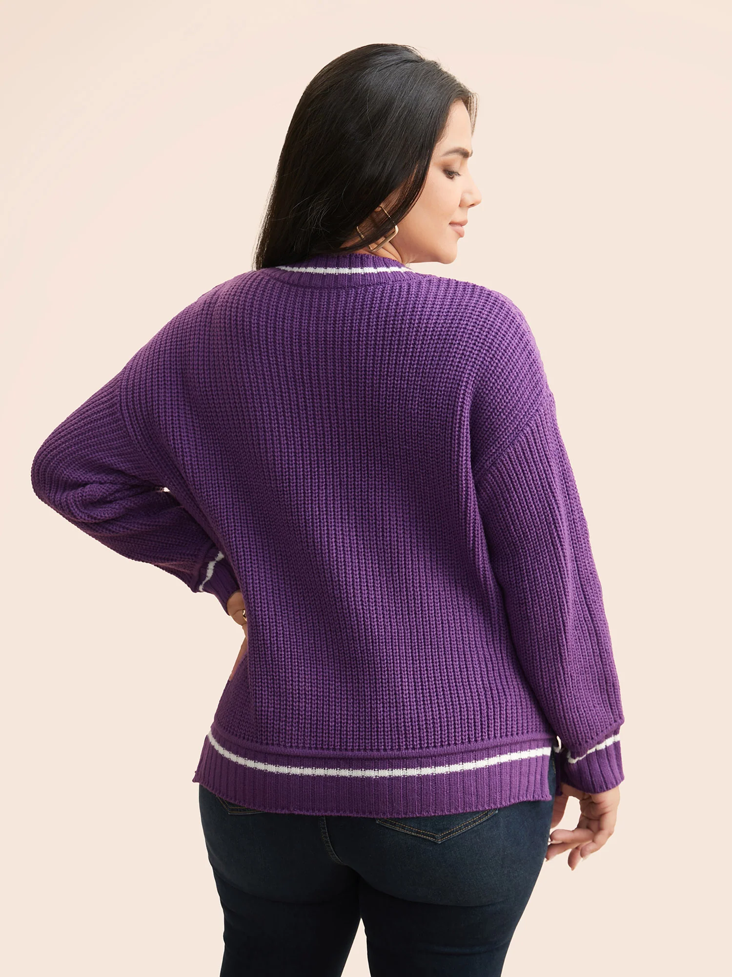 Contrast Trim V Neck Texture Pullover - Image 5