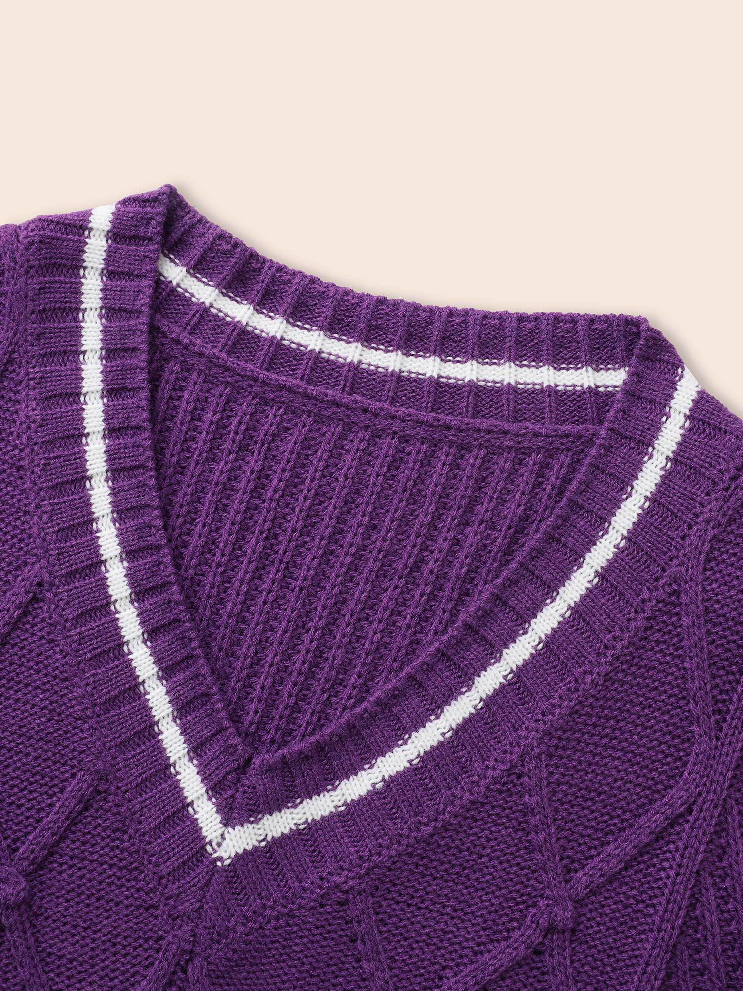 Contrast Trim V Neck Texture Pullover - Image 6