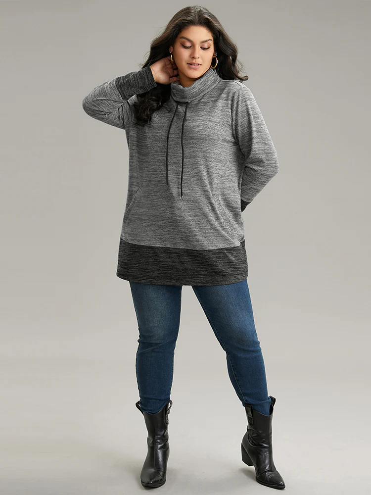 Contrast Turtleneck Pocket Drawstring Sweatshirt - Image 3