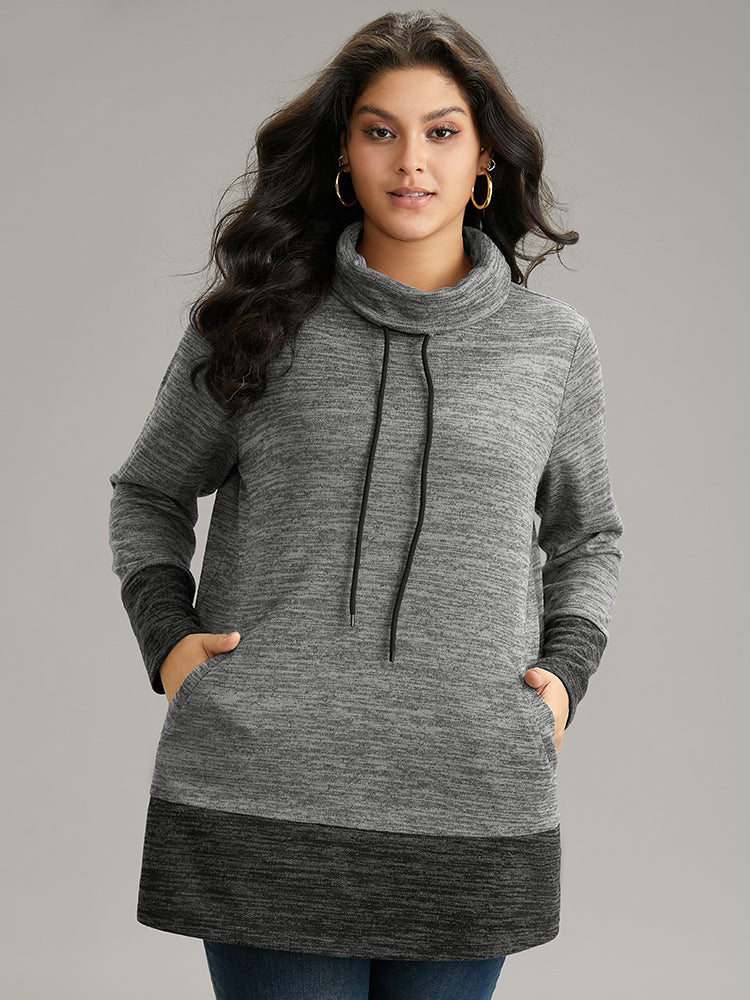 Contrast Turtleneck Pocket Drawstring Sweatshirt - Image 5