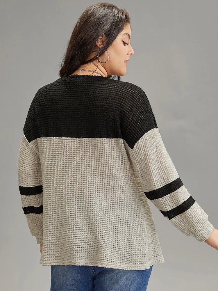 Contrast Waffle Knit Striped Round Neck T-shirt - Image 2