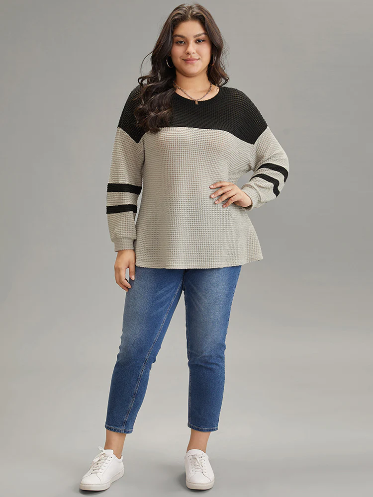 Contrast Waffle Knit Striped Round Neck T-shirt - Image 3