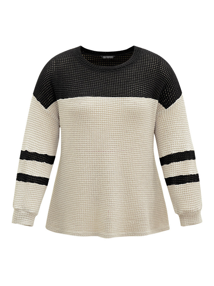 Contrast Waffle Knit Striped Round Neck T-shirt - Image 5