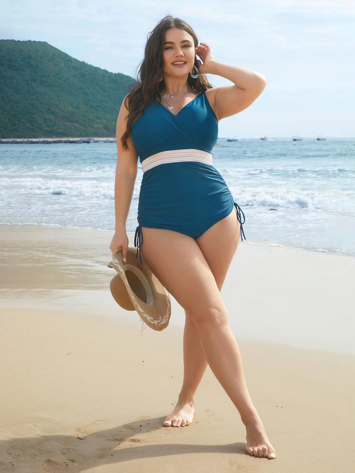 Contrast Webbing Drawstring Gathered One-Piece Swimsuit - Image 5