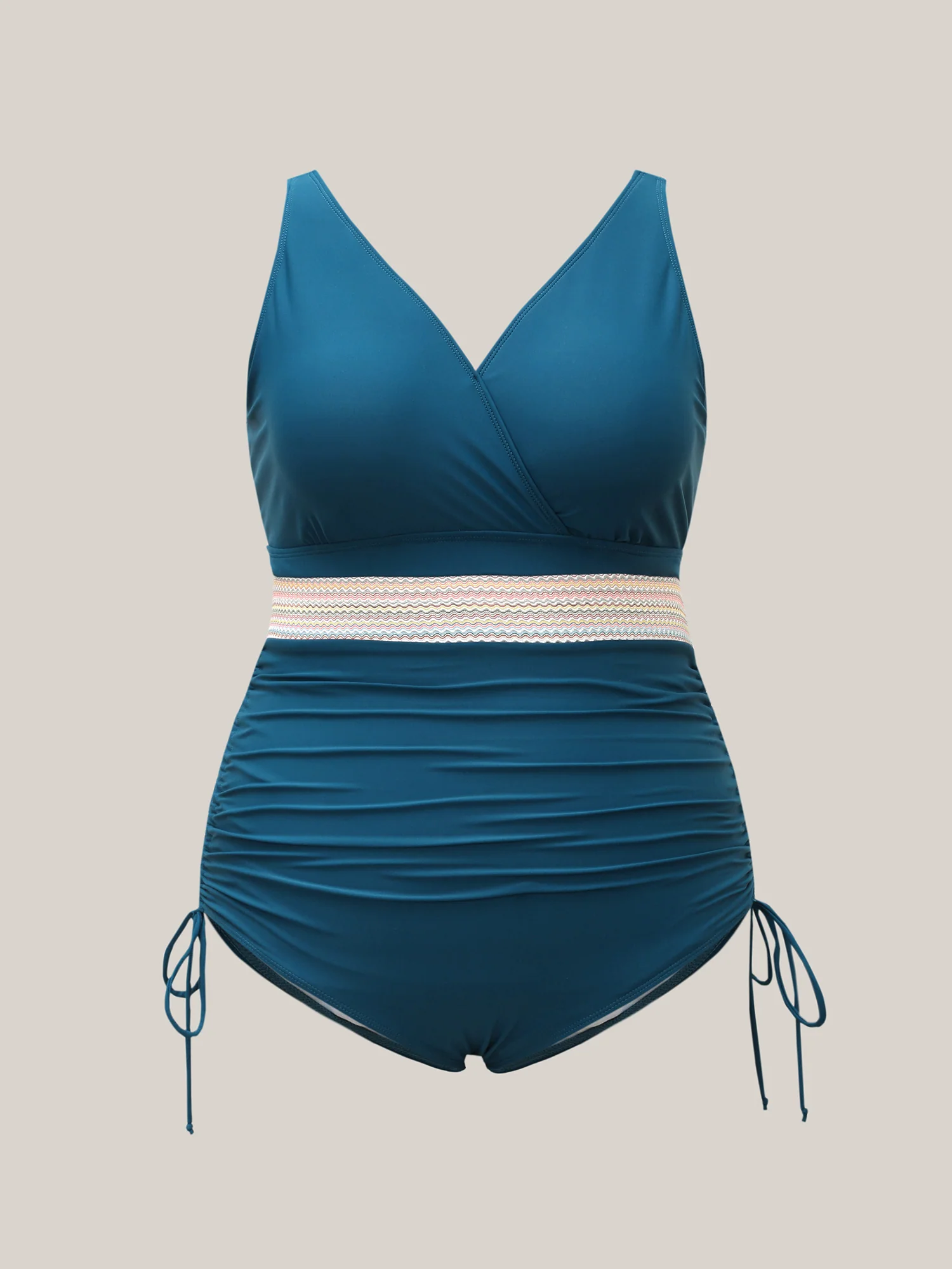 Contrast Webbing Drawstring Gathered One-Piece Swimsuit - Image 8