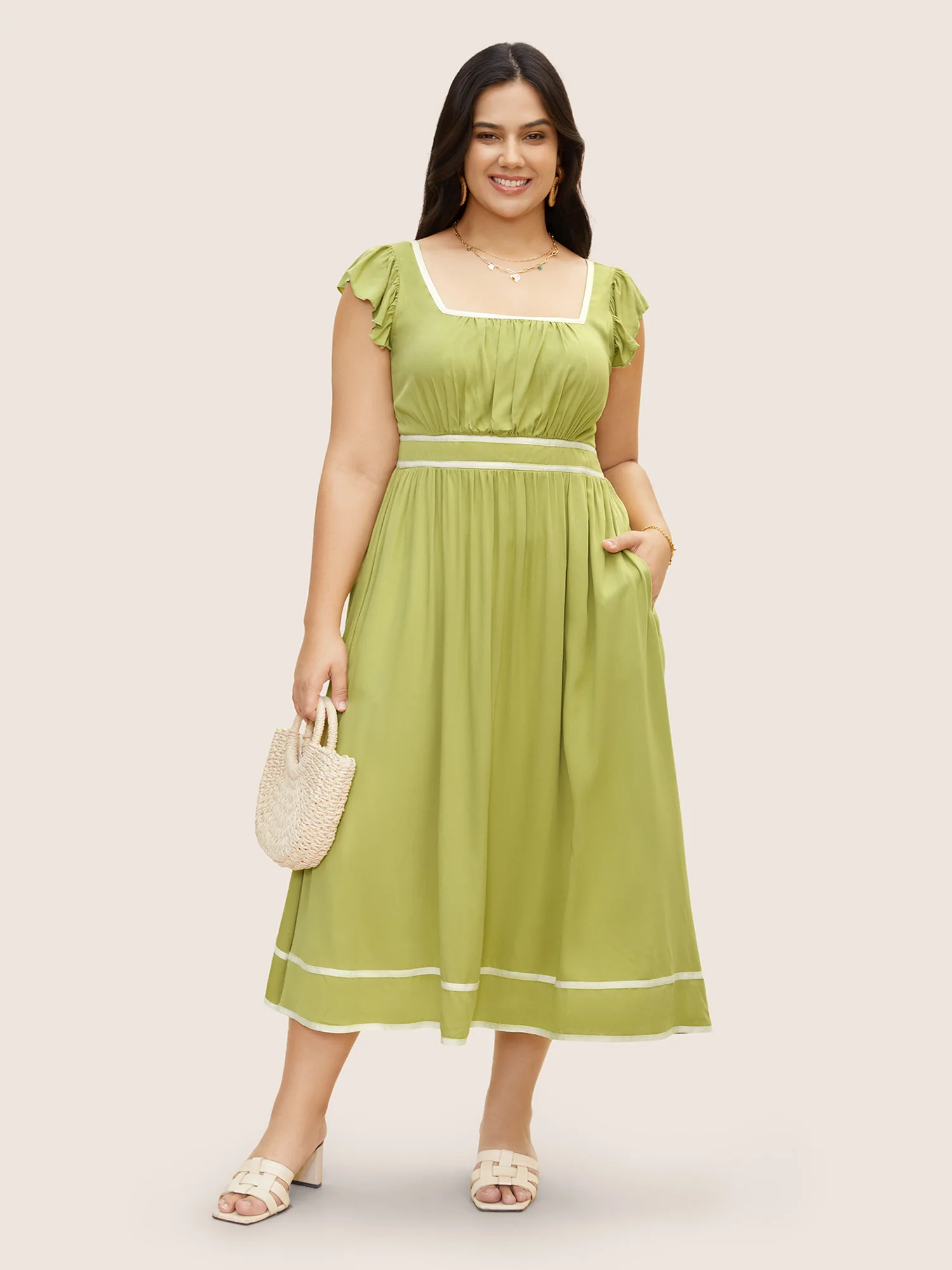 Contrast Webbing Ruffle Cap Sleeve Dress