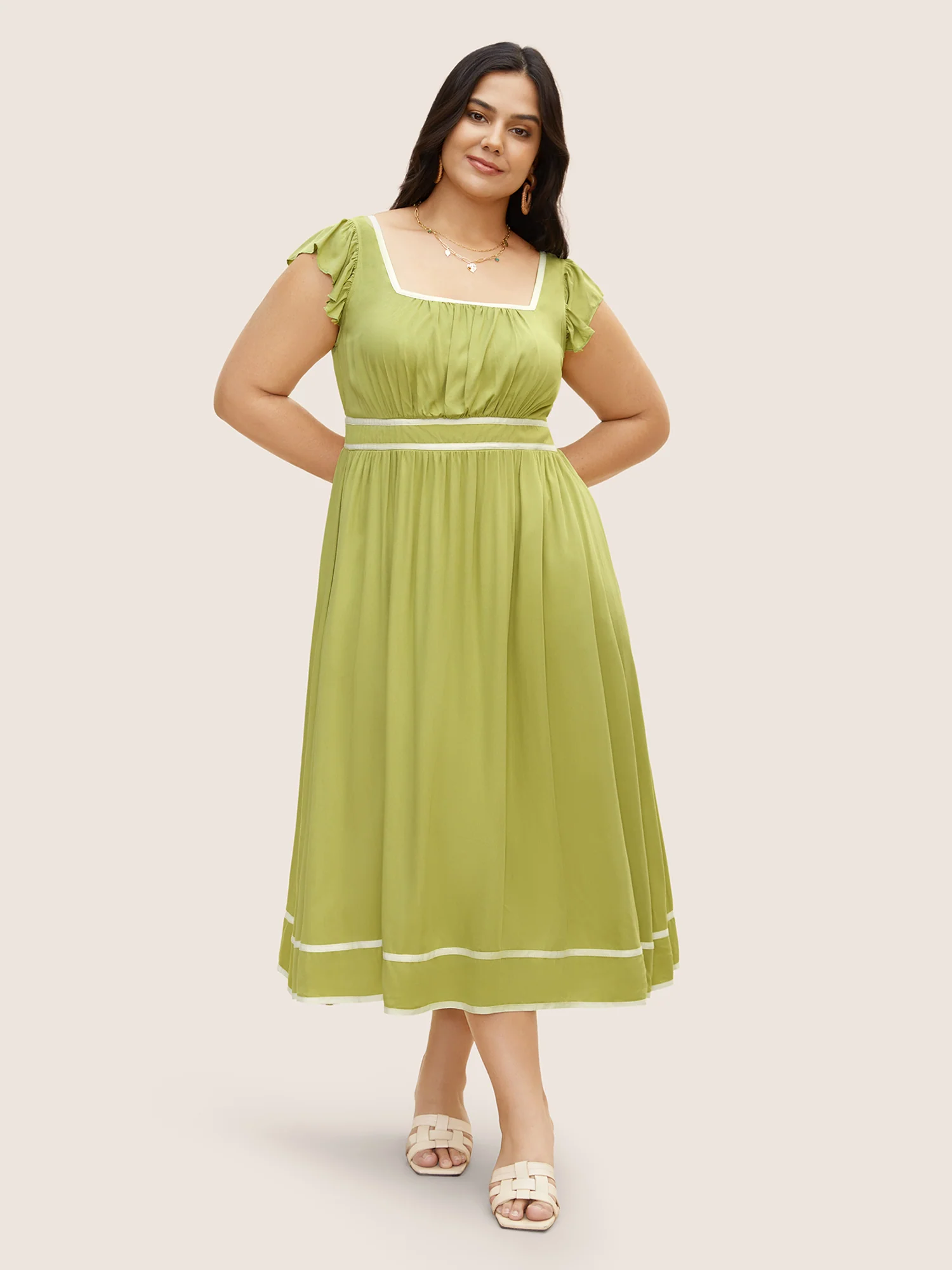 Contrast Webbing Ruffle Cap Sleeve Dress - Image 3
