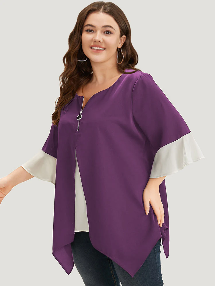 Anti-Wrinkle Contrast Zip Up Flutter Sleeve Hanky Hem Blouse - Image 10