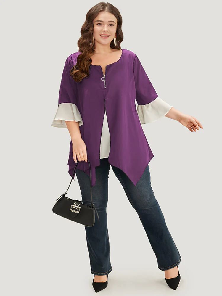 Anti-Wrinkle Contrast Zip Up Flutter Sleeve Hanky Hem Blouse - Image 11