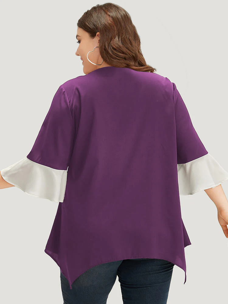 Anti-Wrinkle Contrast Zip Up Flutter Sleeve Hanky Hem Blouse - Image 12