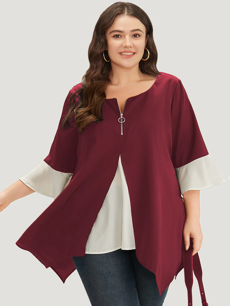 Anti-Wrinkle Contrast Zip Up Flutter Sleeve Hanky Hem Blouse - Image 13