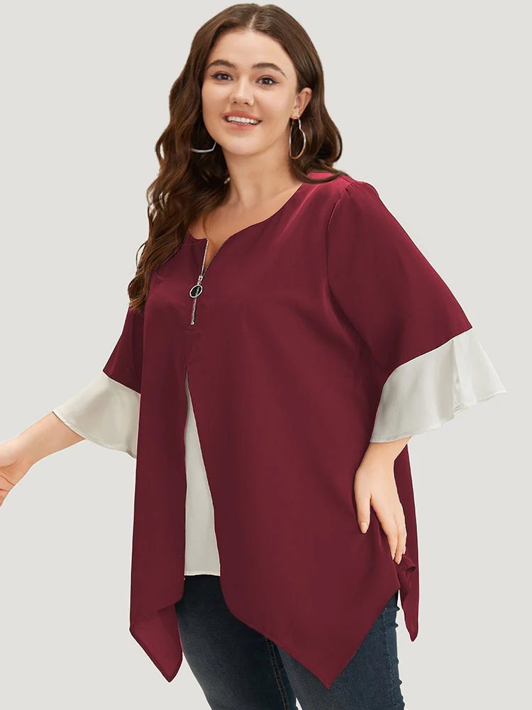 Anti-Wrinkle Contrast Zip Up Flutter Sleeve Hanky Hem Blouse - Image 14