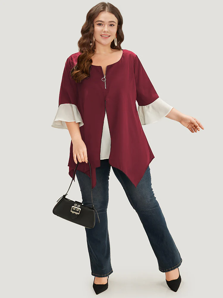 Anti-Wrinkle Contrast Zip Up Flutter Sleeve Hanky Hem Blouse - Image 15