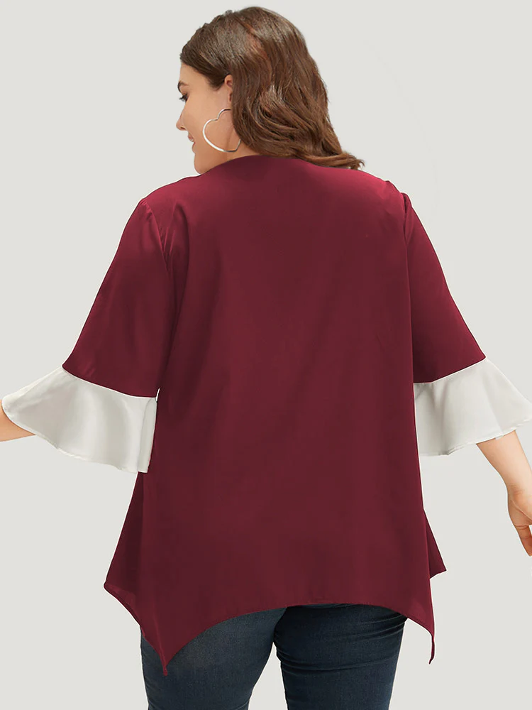 Anti-Wrinkle Contrast Zip Up Flutter Sleeve Hanky Hem Blouse - Image 16