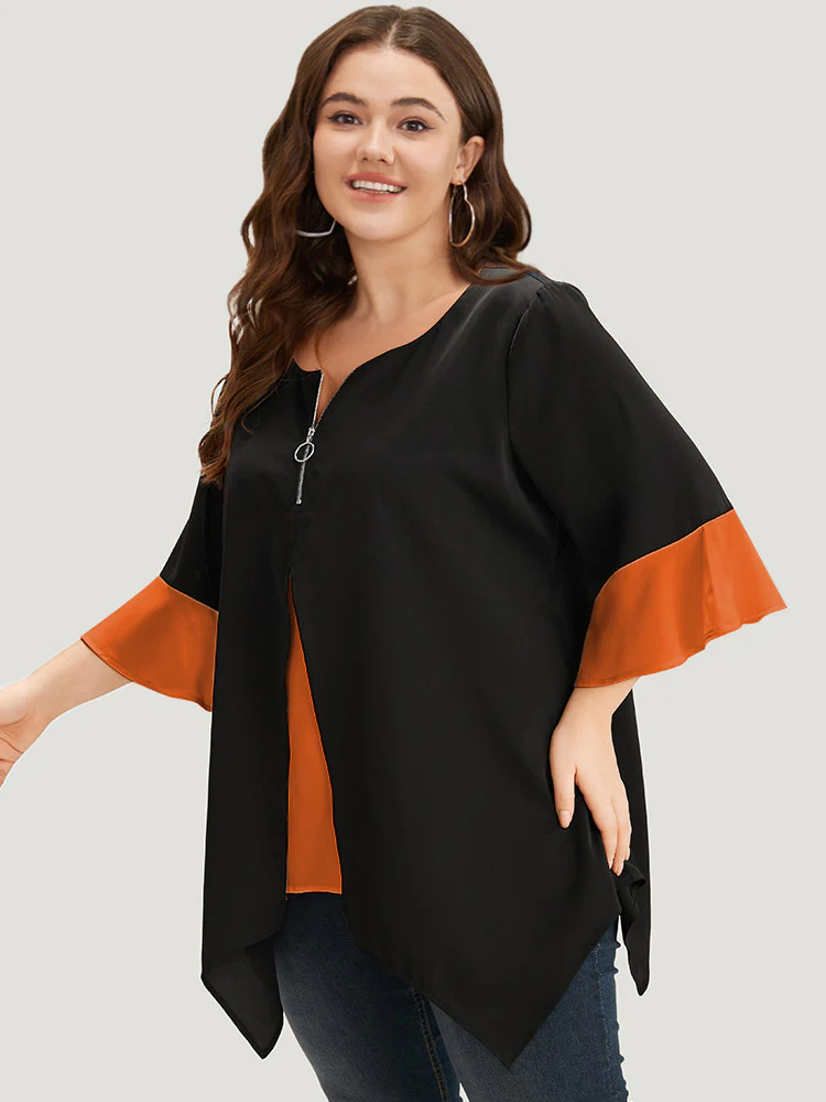 Anti-Wrinkle Contrast Zip Up Flutter Sleeve Hanky Hem Blouse - Image 2