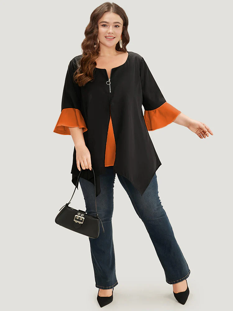 Anti-Wrinkle Contrast Zip Up Flutter Sleeve Hanky Hem Blouse - Image 3