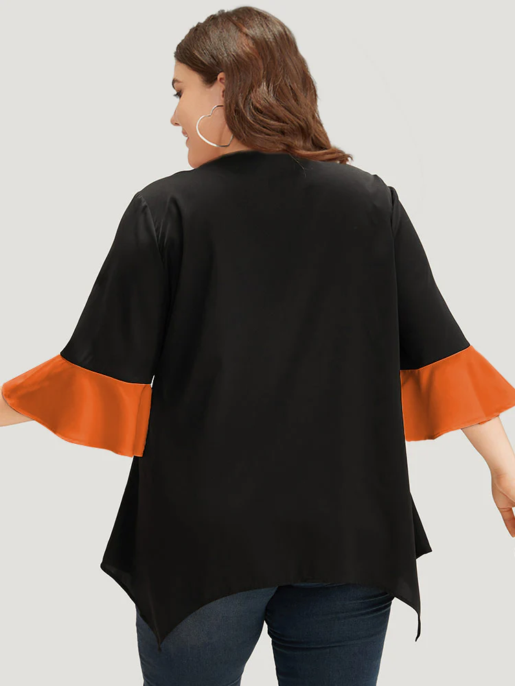 Anti-Wrinkle Contrast Zip Up Flutter Sleeve Hanky Hem Blouse - Image 4